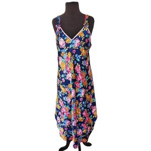 Vintage Leslie Fay Blue Floral Satin Slip Dress Chemise Nightgown Bows Womens M